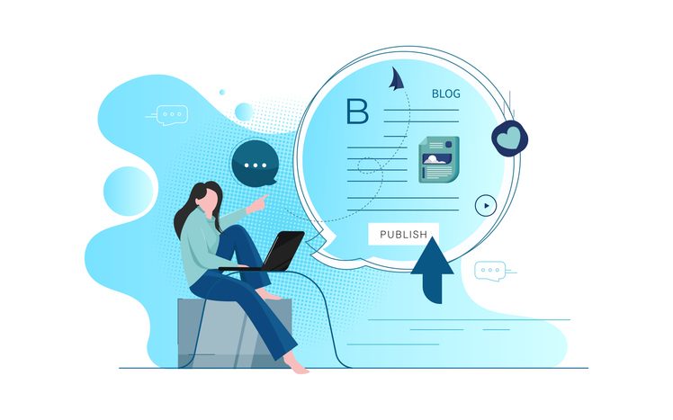 Conceptual Illustration Creative Blogging, Commercial Blog Posting, Copywriting - Activity, Content Marketing Strategy.