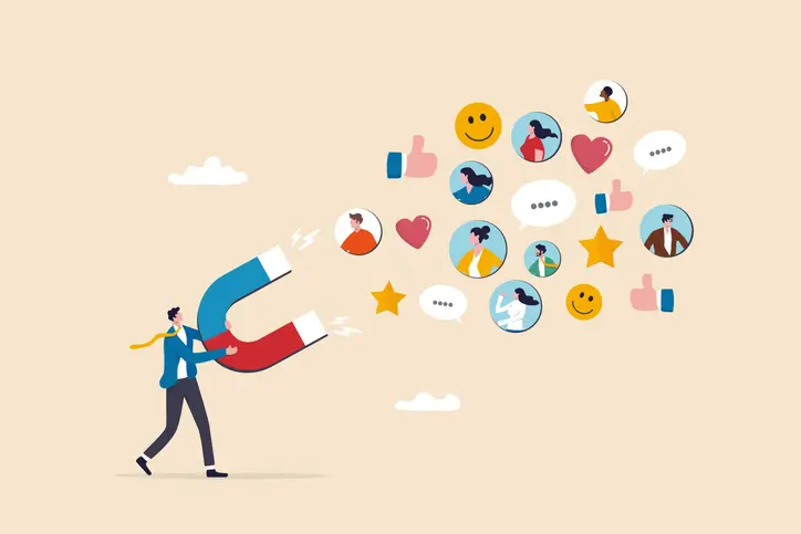 businessman magnet draw customers with brand engagement impression symbol as concept for brand experience in UX