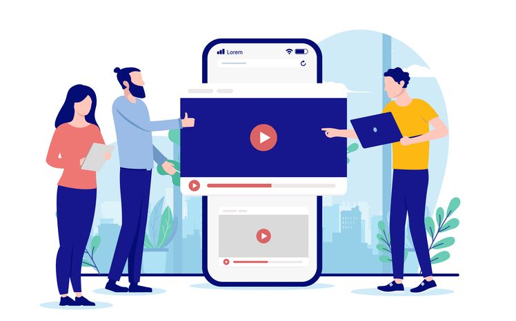 Casual businesspeople working with viral content, smartphone in background with movie player. Flat design vector illustration on white background