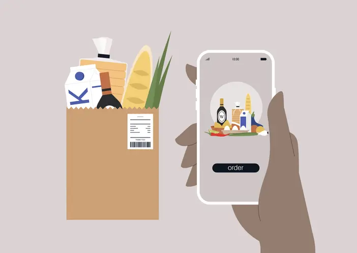 Online food delivery service, a hand holding a mobile phone, a grocery bag with organic vegetables, bread, and dairy products for SaaS UX best practices article