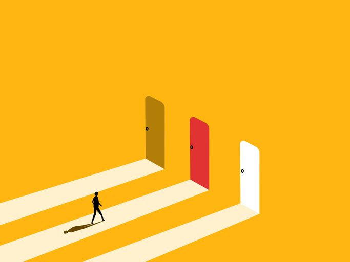 Vector image of person in front of three doors as concept for choosing a ux partner for product teams