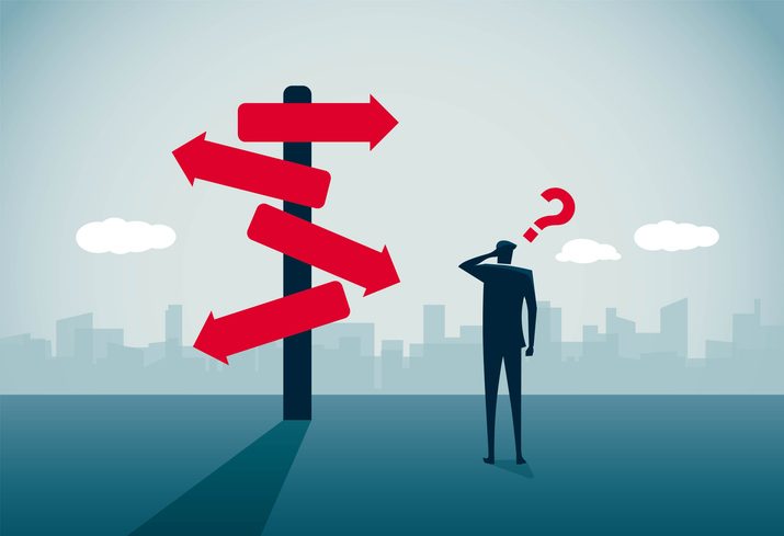 man thinking under confusing sign, This is a set of business illustrations