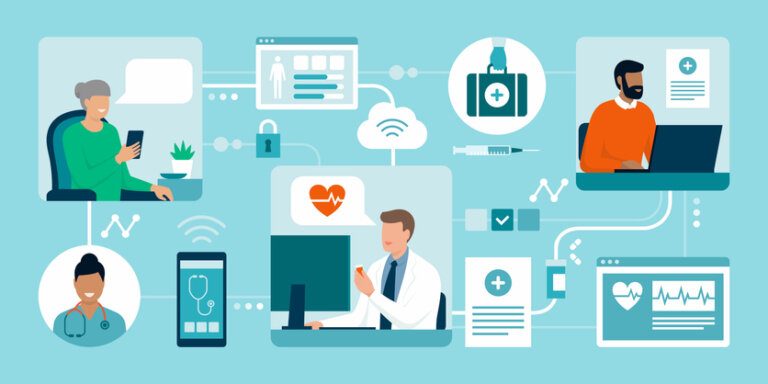 Patients connecting online with their doctor for UX strategy for health tech article