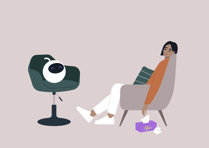 An upset person sits in a cozy chair, engaging in therapy while an AI assistant listens thoughtfully, offering support in a serene environment decorated with soft colors to illustrate ux design for ai products