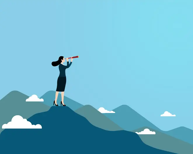 Conceptual illustration of a woman using telescope standing on top mountain looking at landscape as concept for future-ready ux teams