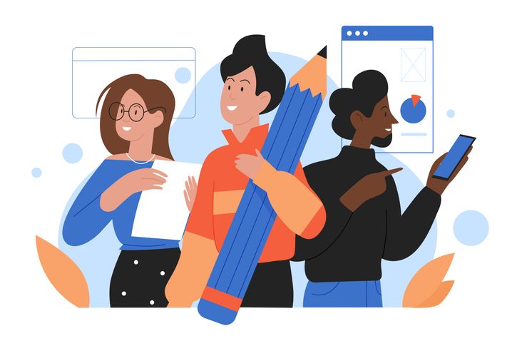 Cartoon team of office worker characters standing together, woman man holding big pencil, mobile phone and paper documents for work isolated on white for how to implement ux research in product teams