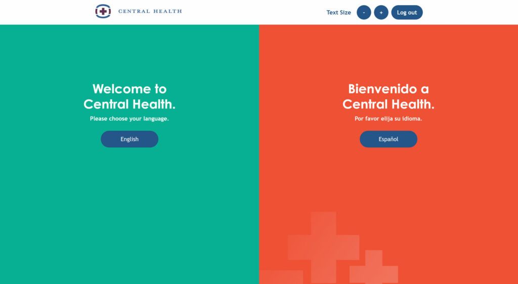 dashboard screen for Central Health kiosk app in two colors