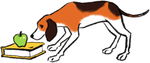 illustration shows dog sniffing book