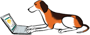 illustration shows dog laying at computer
