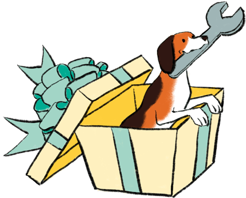 illustration shows standard beagle popping out of a gift box with a wrench in mouth
