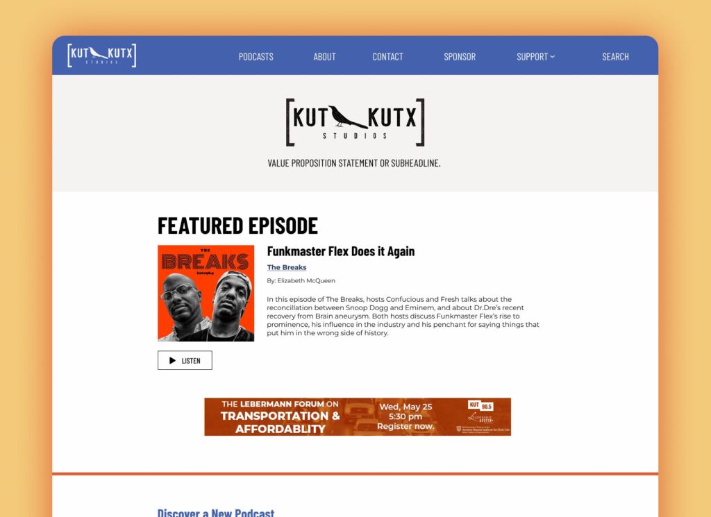 Podcast website UX design: Empowering producers to manage shows 9 KUT-KUTX podcast home page