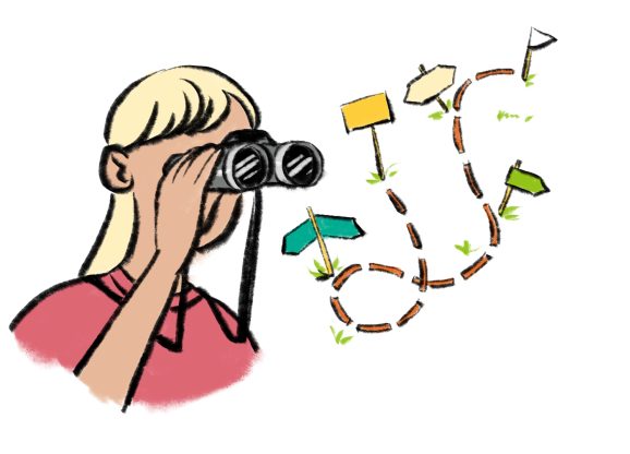 illustration shows person looking through binoculars as a concept for UX services