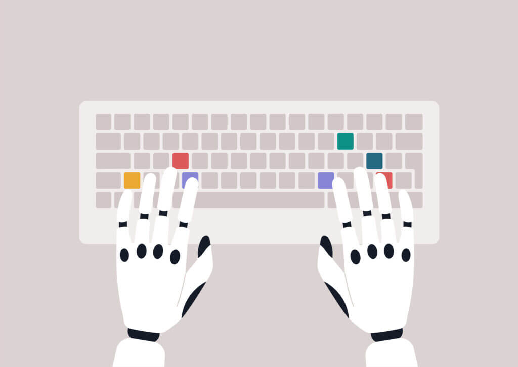 How to use AI in UX design 3 A top view of robotic hands typing on a keyboard, machine learning concept, futuristic technologies