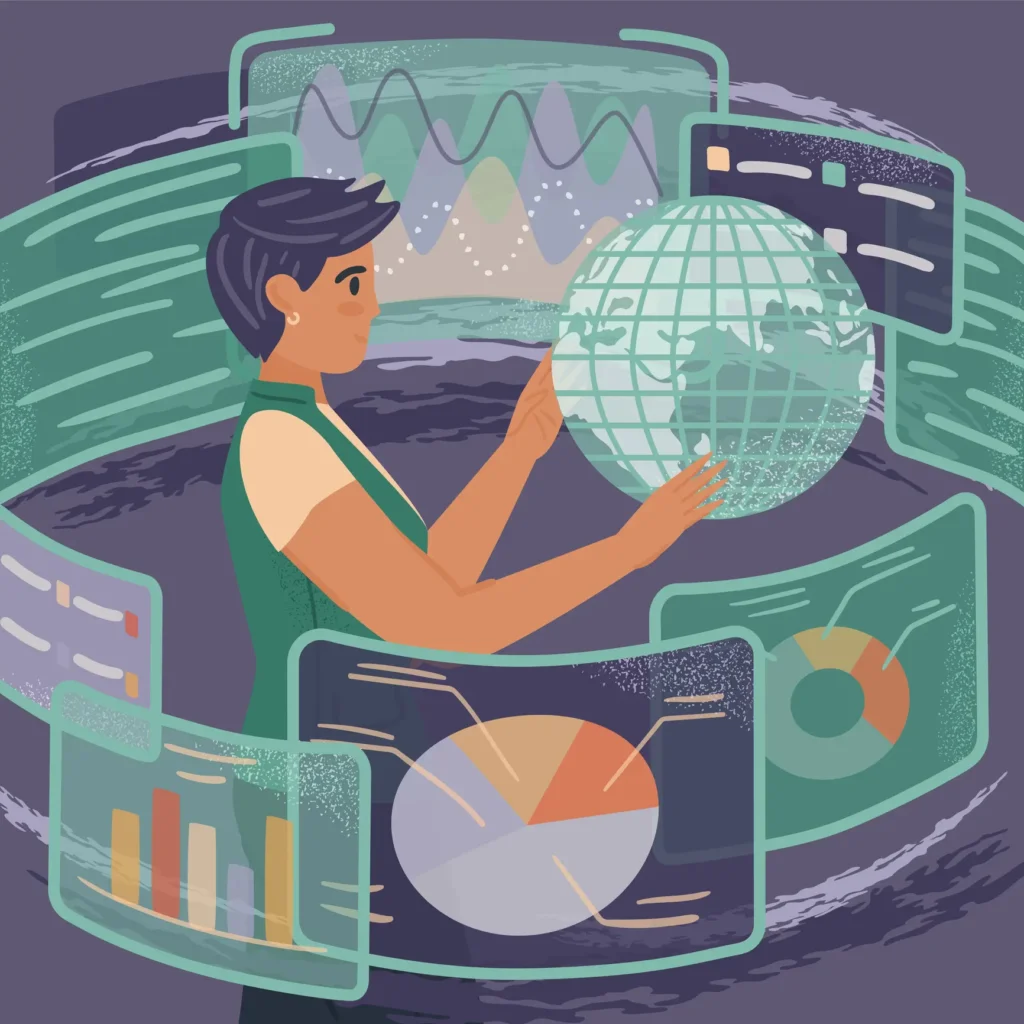 How B2B companies can address AI bias 2 illustration shows female character with data screens swirling around her to illustrate AI bias concept
