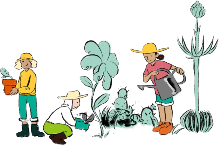 illustration of characters in lush garden