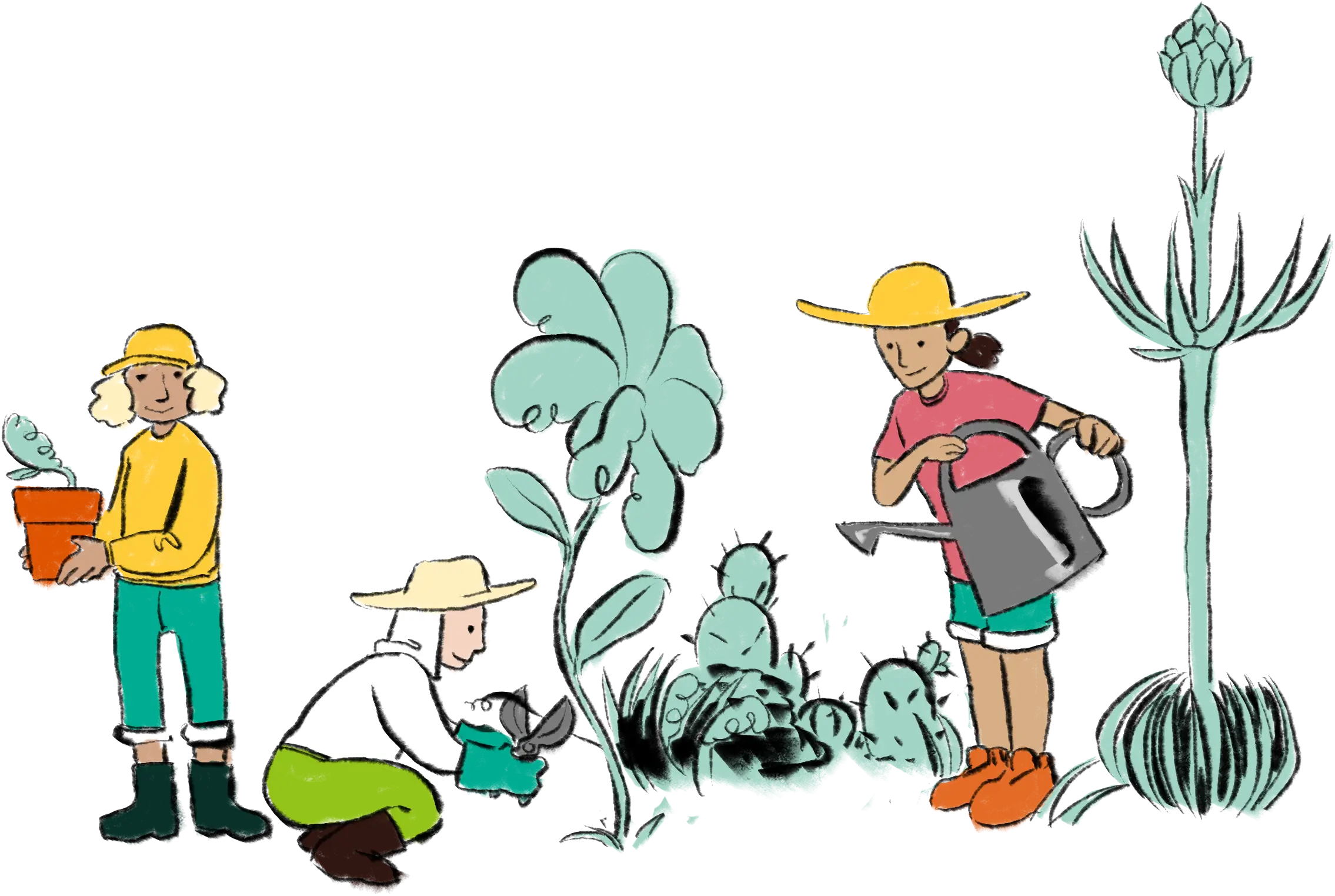 illustration of characters working in a lush garden