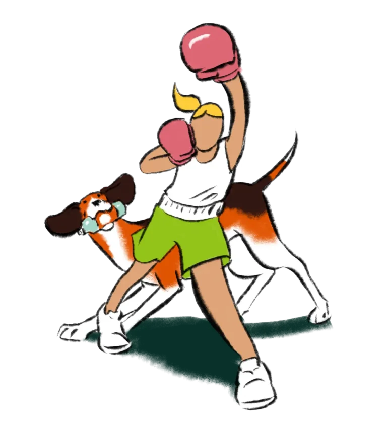 illustration on female boxer with standard beagle holding water bottle