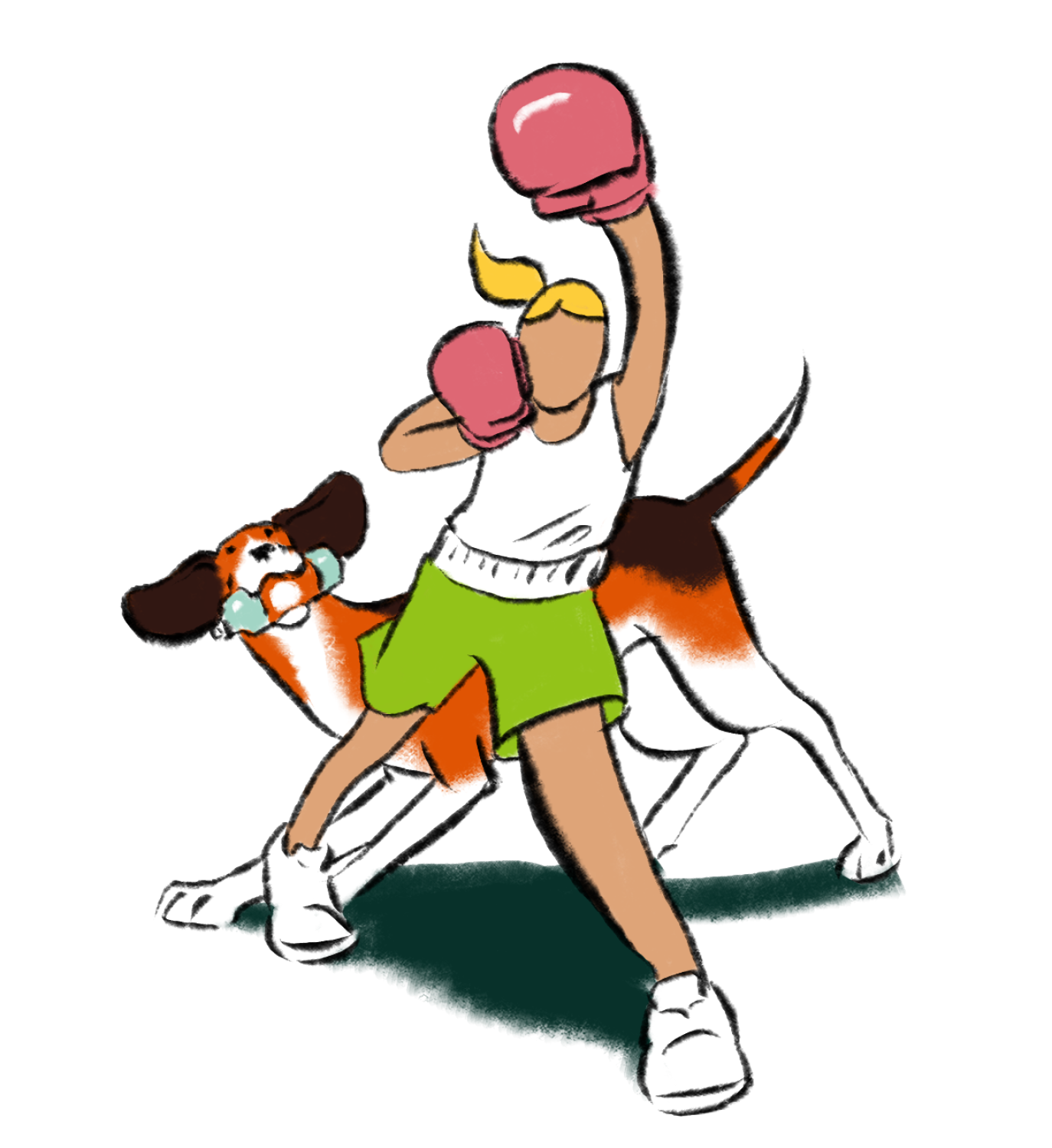 illustration on female boxer with standard beagle holding water bottle