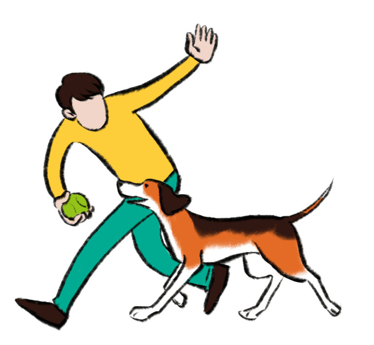 illustration of the standard beagle mascot with a human carrying a ball