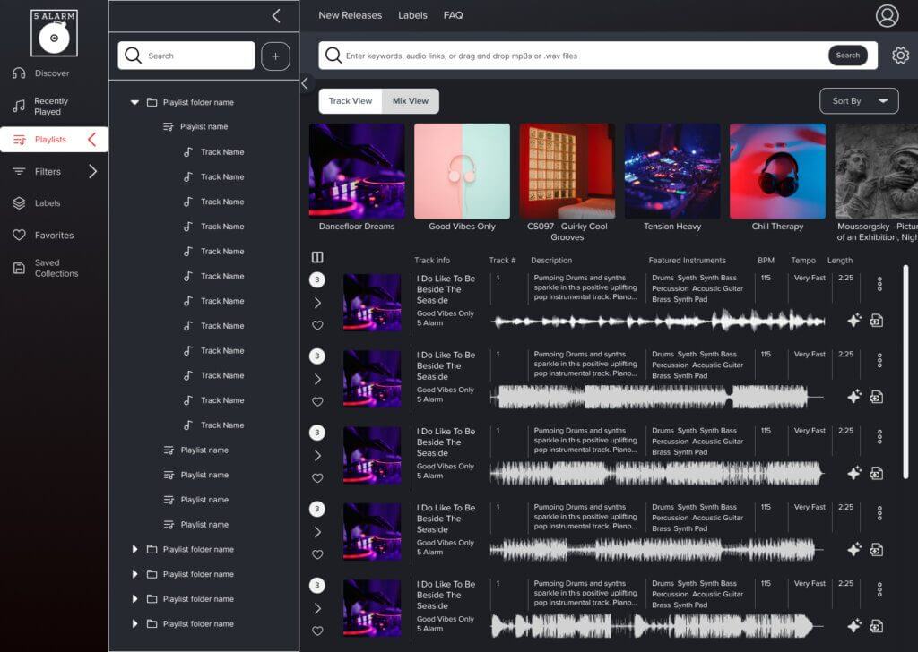 screenshot of design to add tracks to a playlist inside the music search portal ux