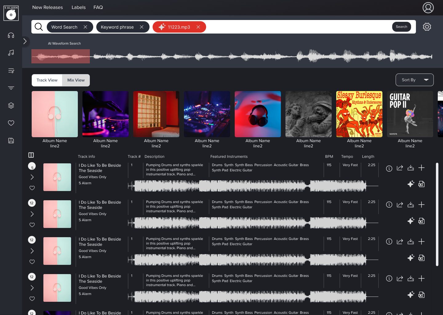 screenshot of design showing search interface for music search portal UX