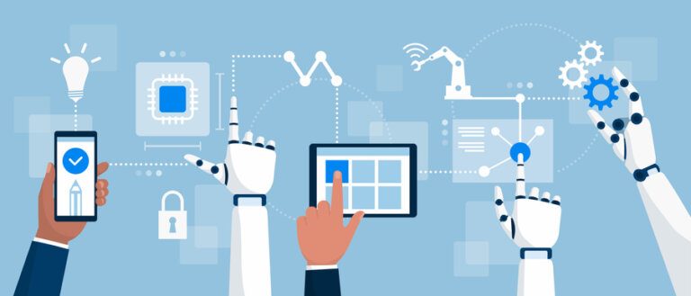 AI robots and business people interacting together in a productive process, artificial intelligence and smart industry concept for AI-driven UX patterns