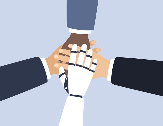 Business People And Robot Putting Their Hands Together. Team Community, Unity, Artificial Intelligence And Cooperation Concept With Stack Of Hands
