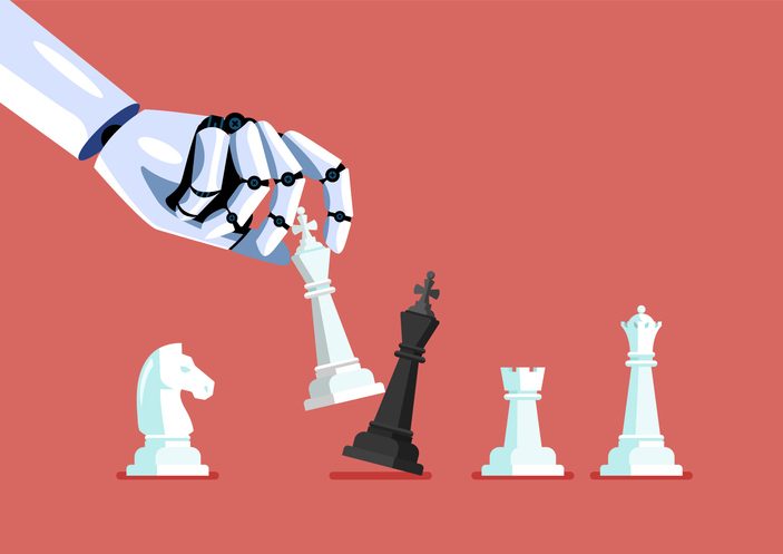 Robot hand use white king checkmate the black king. Concept of AI for UX strategy