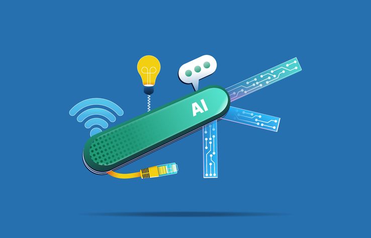 AI multi-tool knife. Artificial intelligence, solution, chatbot assistance concept. Vector illustration.