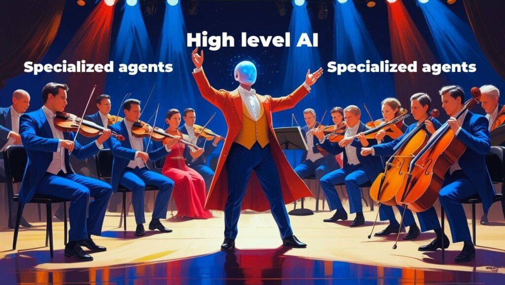 concept of an ai conductor overseeing orchestra of specialized agents. This image was generated by AI