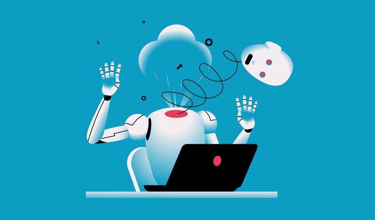 Robot exploding during working at computer as concept for improving user trust through UX design