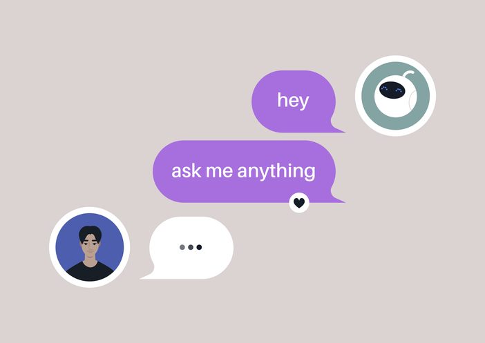A casual conversation initiates with a friendly AI prompt to illustrate chatbot handoff ux