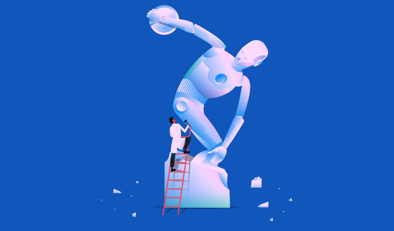 When boredom disappears: What AI is stealing from the creative mind 2 Scientist carving marble sculpture of a robot. Artificial intelligence in daily life, AI connection, machine learning concept for impact of AI on creativity