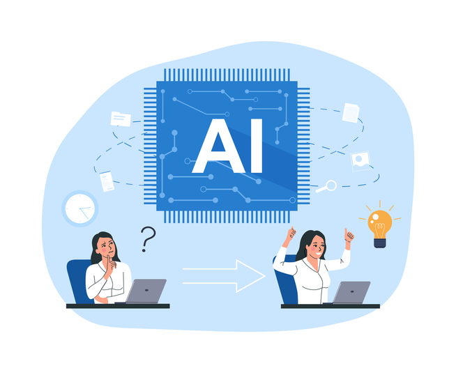 Concept illustration of using artificial intelligence to improve productivity. People find new ideas using AI in their work as concept for human-AI collaboration