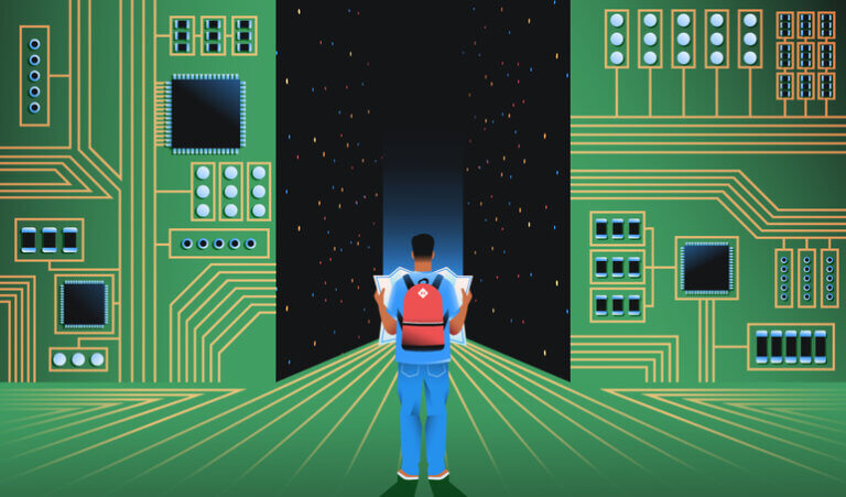 Young man with map researching tech world. Internet infrasrtucture, artificial intelligence concept for AI coding assistants and context article