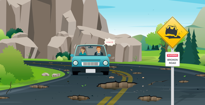 A driver is upset because of potholes on the road surface - metaphor for UX friction points