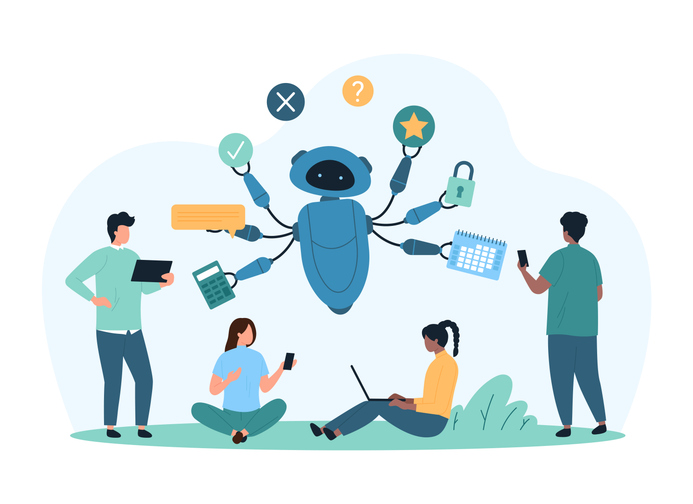 Tiny people work with productive robot secretary, multitask support online from chat bot with many hands and skills cartoon vector illustration -- concept for AI decision-making systems